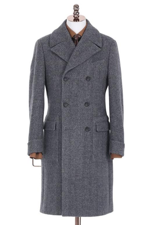 Gray Herringbone Double Breasted Overcoat