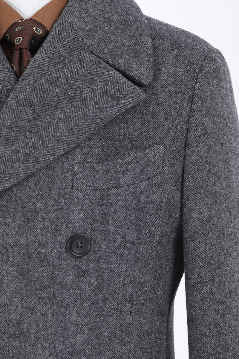 Gray Herringbone Double Breasted Overcoat